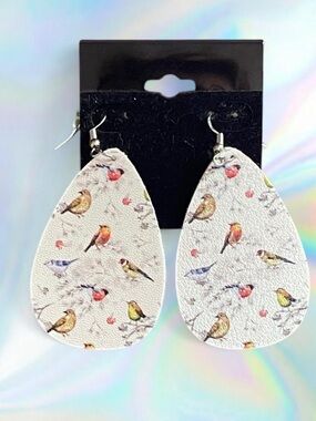 Source Unknown White Teardrop Earrings with Multicolor Bird Print